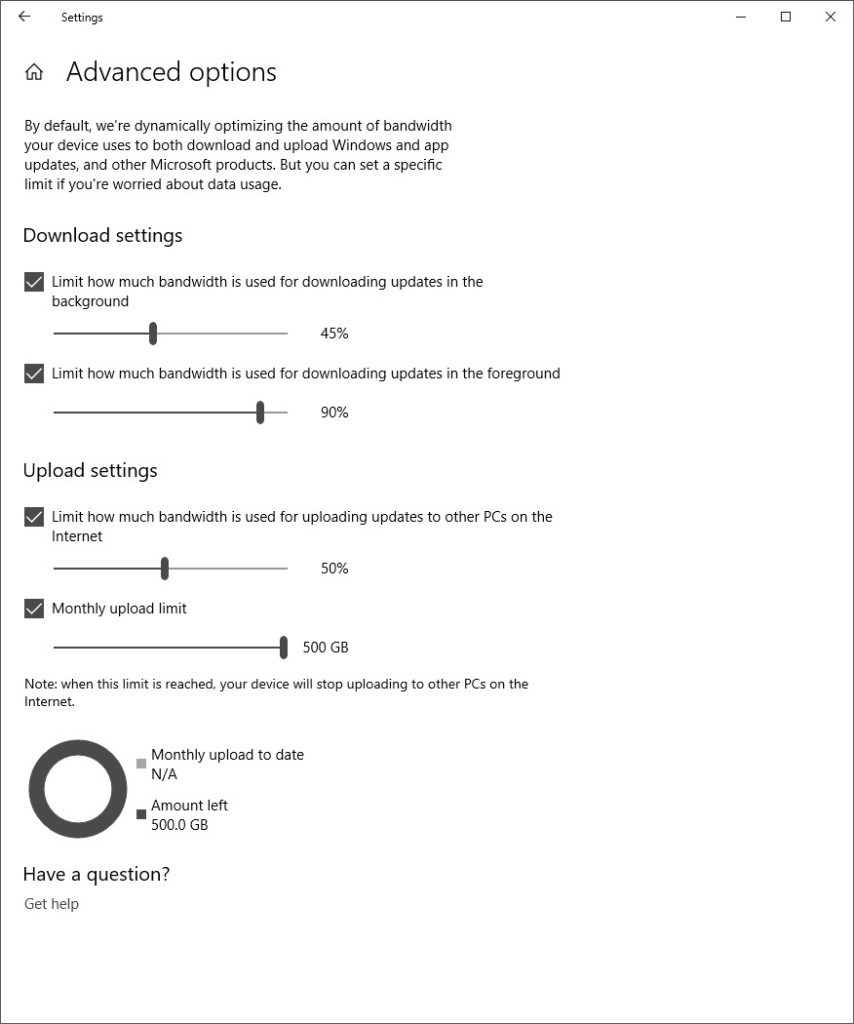 Delivery Optimization advanced settings in Settings App